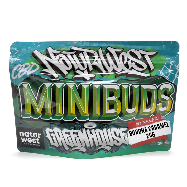 Mini Buds CBD Naturwest Buddha Caramel — 20 gr CBD Outdoor — cogollo en envase individual termosellado
